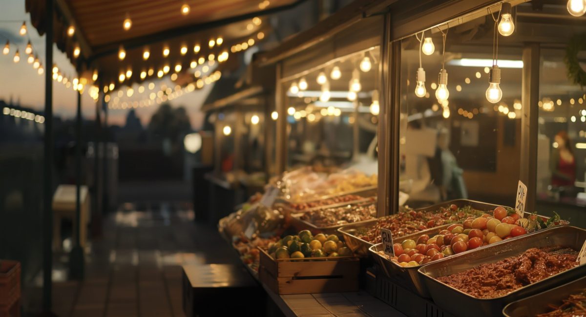 close up street market, dusk, night, realistic landscape background, Cinematic style, Porta 400, --chaos 14 --ar 3:2 --style raw --stylize 50 Job ID: 9639eaf2-8702-4bd2-86e1-812fb51a235b