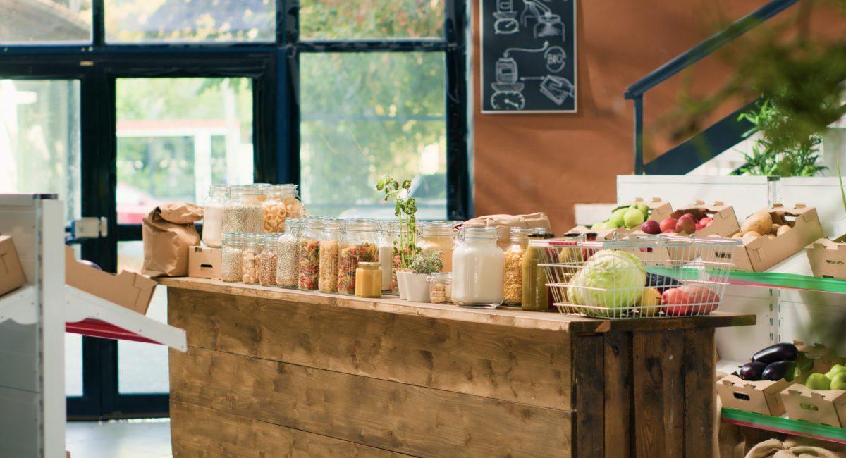 Zero waste merchandise in supermarket with ethically sourced food additives free fruits, vegetables, grains, spices and pasta. Empty eco friendly grocery store with fresh organic homegrown produce.