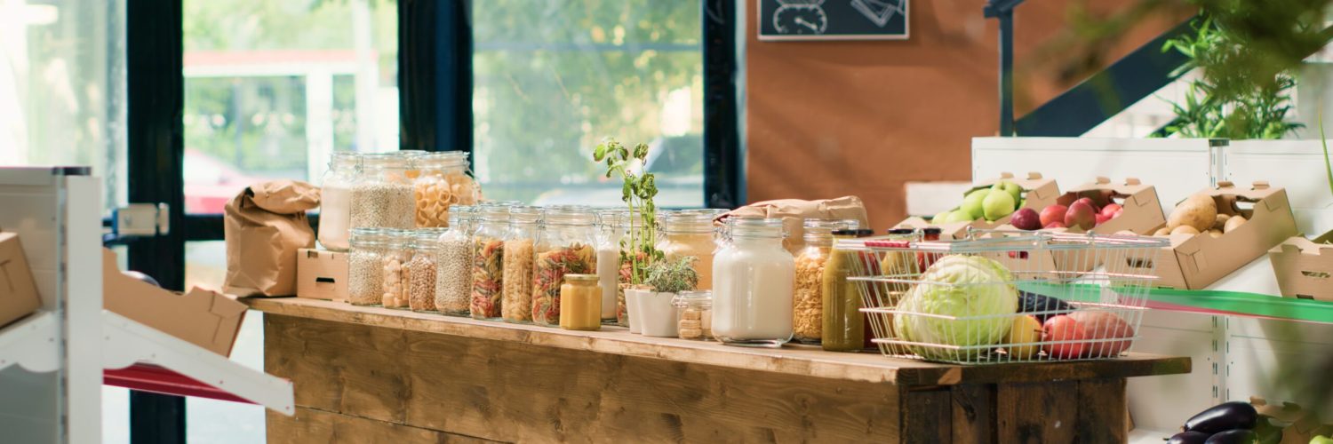 Zero waste merchandise in supermarket with ethically sourced food additives free fruits, vegetables, grains, spices and pasta. Empty eco friendly grocery store with fresh organic homegrown produce.